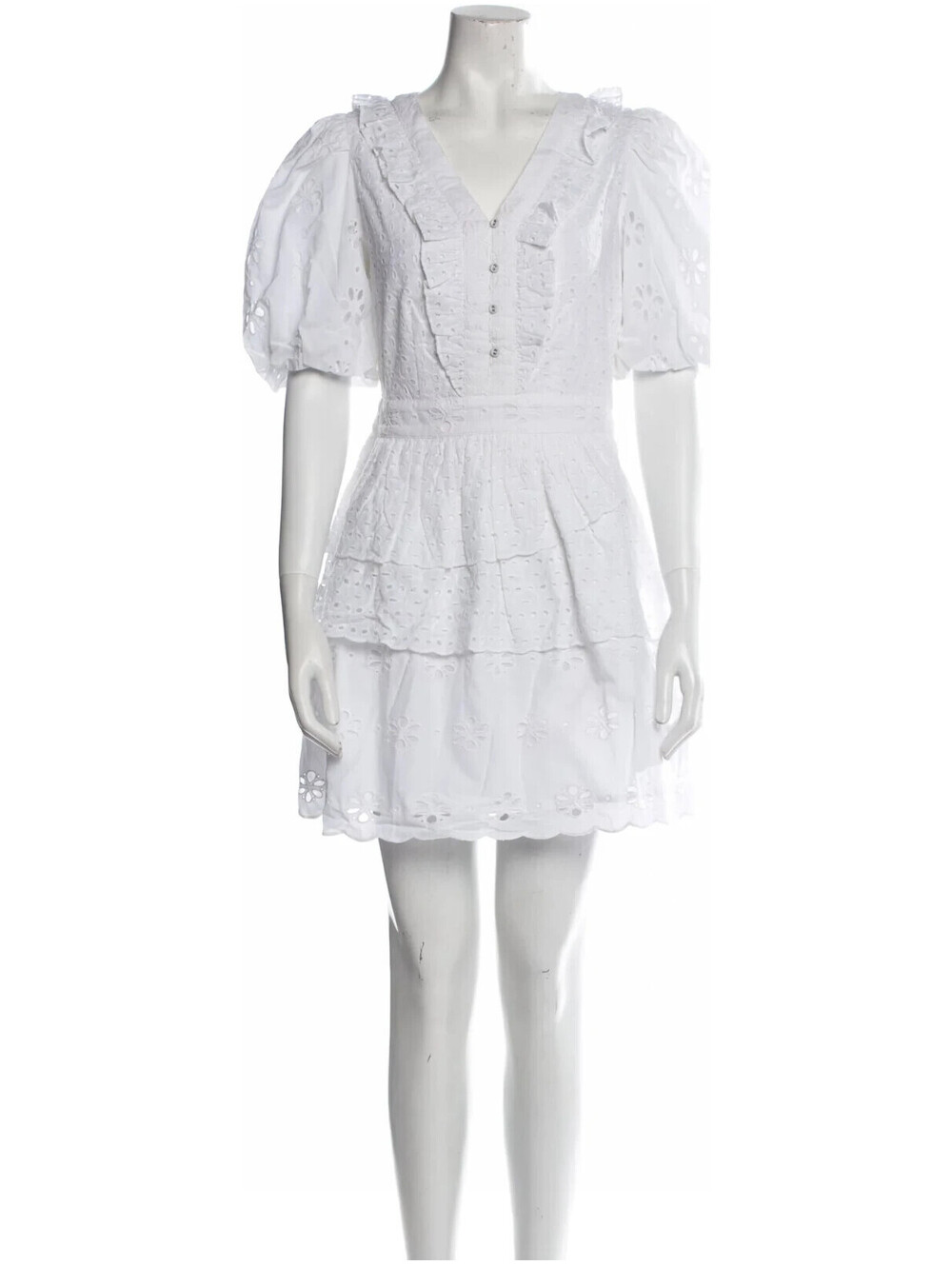 Walter Baker Pleated Eyelet Ruffle Accents V-Neck Mini Dress Size 2 White